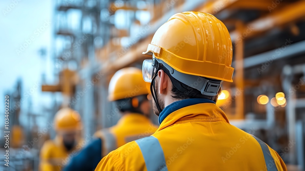 Construction workers in hard hats on a site. Construction workers in hard hats on a site.