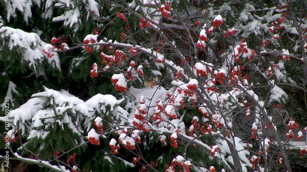 Rowan branches in the snow. Close-up.