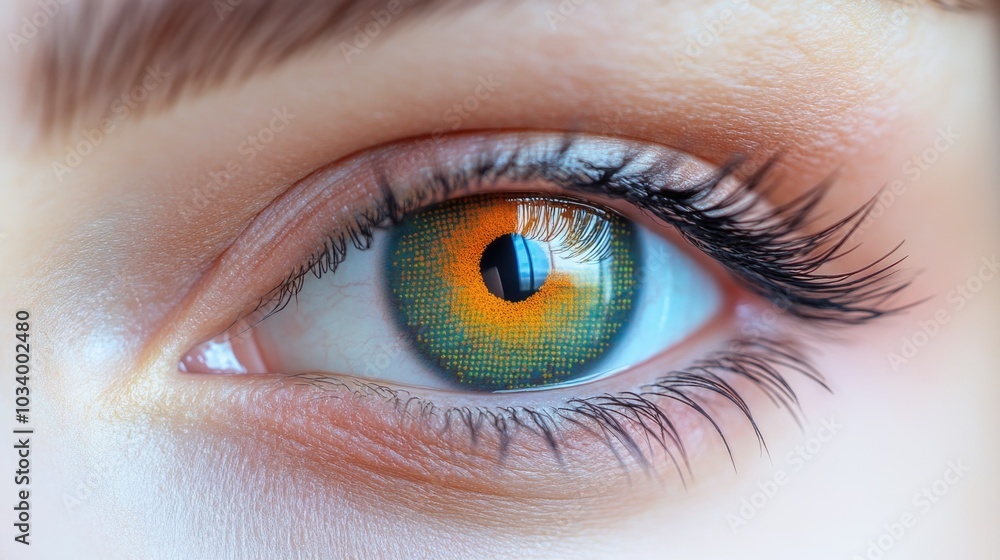 Obraz premium A detailed view of a person's blue eye with distinct features