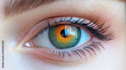 A detailed view of a person's blue eye with distinct features