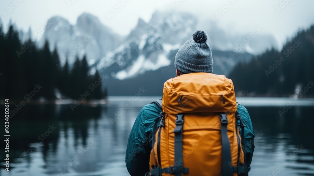 A hiker wearing a bright orange backpack and a gray beanie stands calmly by a peaceful lake, with misty snow-capped mountains in the background, reflecting adventure. A hiker wearing a bright orange backpack and a gray beanie stands calmly by a peaceful lake, with misty snow-capped mountains in the background, reflecting adventure.