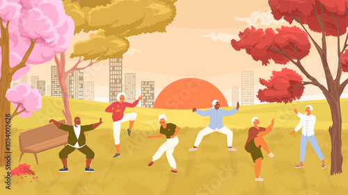 Mature people enjoying outdoor tai chi sport class in evening vector illustration. Elderly woman and senior man practicing Chinese gymnastics in urban park