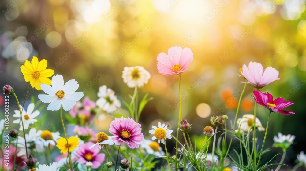 vibrant display of colorful flowers in sunlit garden, showcasing yellow, white, pink, and purple blooms. warm sunlight creates cheerful and uplifting atmosphere vibrant display of colorful flowers in sunlit garden, showcasing yellow, white, pink, and purple blooms. warm sunlight creates cheerful and uplifting atmosphere
