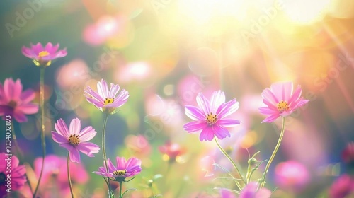 vibrant field of pink flowers blooms under warm, glowing sunlight, creating serene and uplifting atmosphere. delicate petals and soft light evoke feelings of joy and tranquility