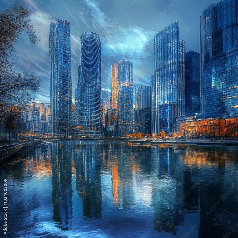 Fototapeta premium Riverfront cityscape with towering skyscrapers