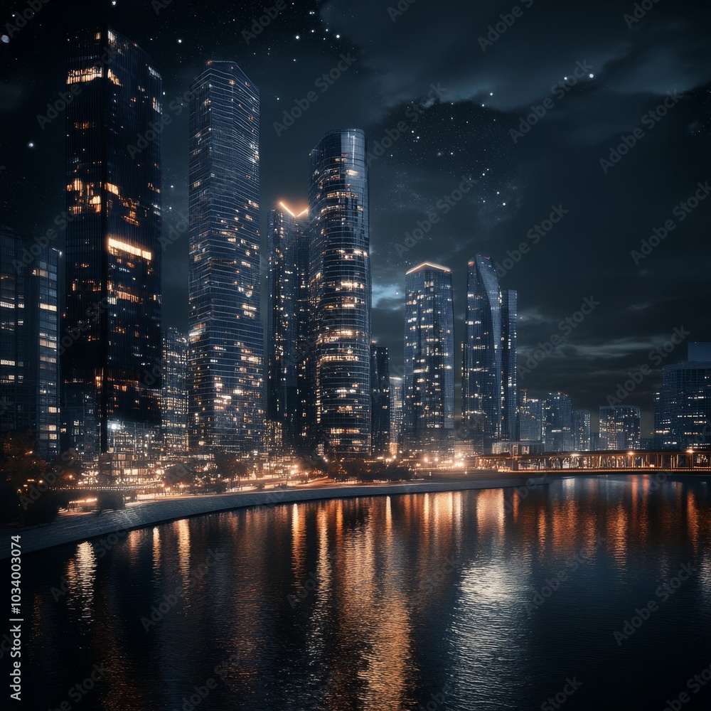 Fototapeta premium City with towering buildings by a river
