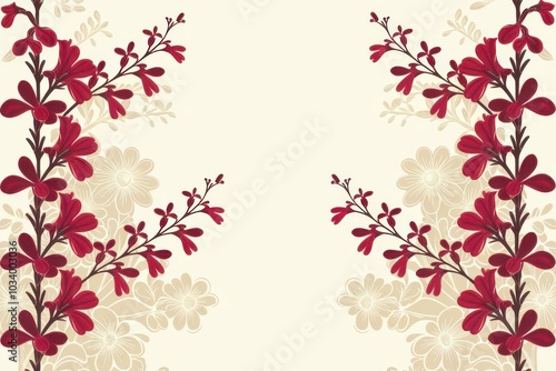 Elegant Red Floral Border Illustration Cream Background - Perfect Wedding Invitations, Greeting Cards, Decorative Elements