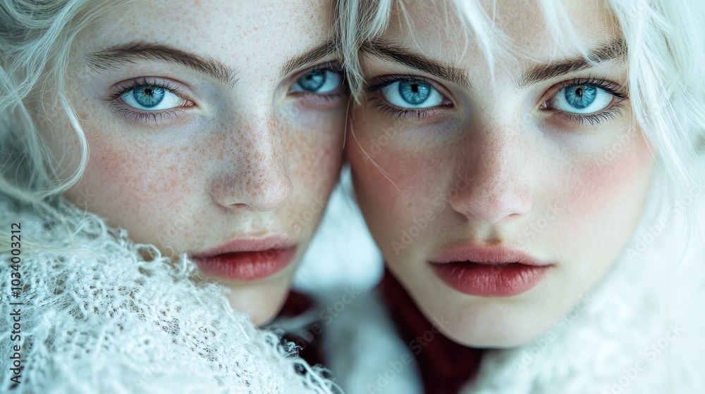 A striking shot of two freckled women with intense blue eyes, capturing natural beauty, connection, and serenity in an intimate and artistic composition.