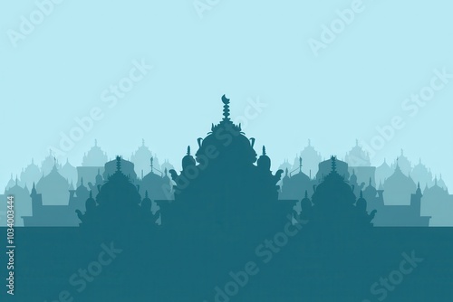 Ornate Temple Silhouettes Pastel Blue Background - Ideal Cultural Festival Marketing, Spiritual Events, Diwali Celebrations