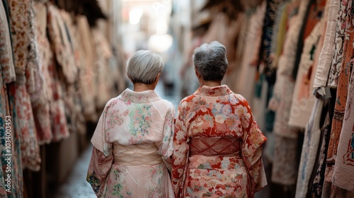 Two elderly women in vibrant kimonos walk through a narrow street lined with colorful textiles, showcasing traditional Japanese culture and elegance.