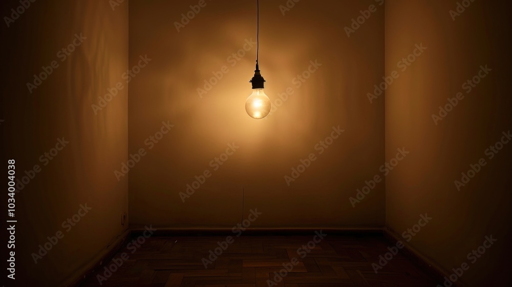 Dark empty room with single flickering light bulb casting long shadows, emphasizing absence of power and eerie atmosphere, minimalist setting with focus on light bulb's glow. Dark empty room with single flickering light bulb casting long shadows, emphasizing absence of power and eerie atmosphere, minimalist setting with focus on light bulb's glow.