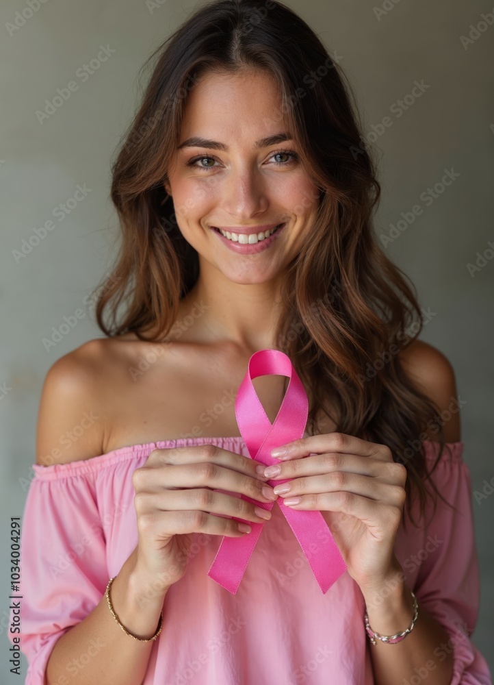 Empowering Awareness: A Portrait of a Woman Holding a Pink Ribbon Symbolizing Breast Cancer Awareness and Support Empowering Awareness: A Portrait of a Woman Holding a Pink Ribbon Symbolizing Breast Cancer Awareness and Support