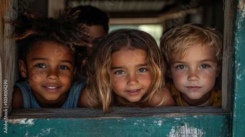 Three joyous children look happily through a rustic wooden window frame, their diverse expressions capturing a moment of childhood wonder and camaraderie in a warm setting. photo