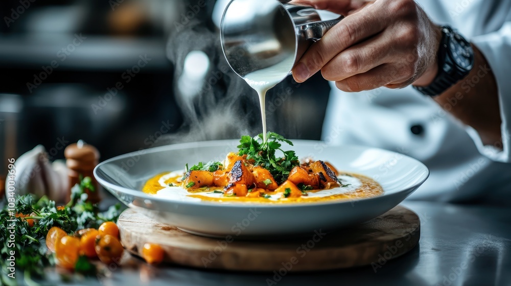 A chef expertly pours creamy sauce onto a beautifully plated savory dish, demonstrating expert culinary techniques and artistic presentation in fine dining. A chef expertly pours creamy sauce onto a beautifully plated savory dish, demonstrating expert culinary techniques and artistic presentation in fine dining.