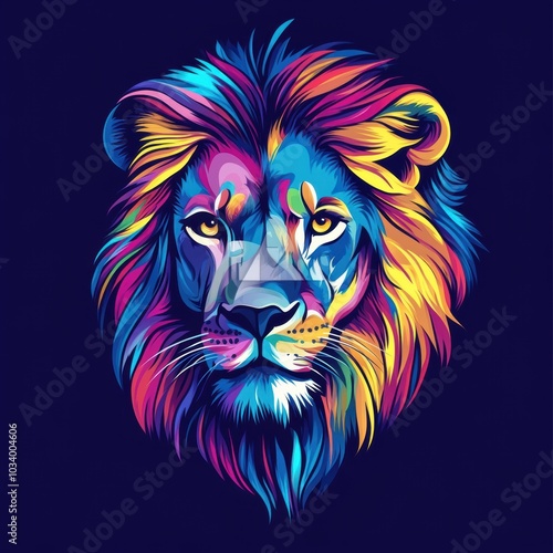 Vibrant Lion Portrait: A majestic lion's head is rendered in a dazzling display of vibrant colors, creating a striking and captivating piece of digital art.