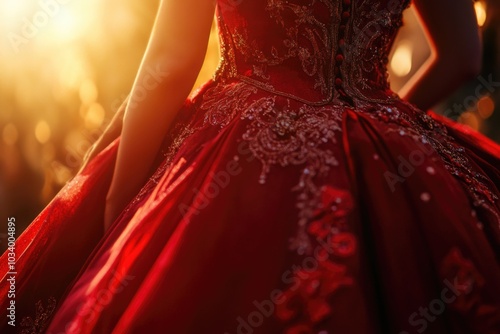 A woman stands alone in a green field, wearing a bright red dress