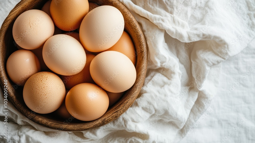A bowl filled with a mixture of light and brown eggs rests on a soft, white cloth, showcasing the pure and natural beauty of fresh farm produce, ready for cooking. A bowl filled with a mixture of light and brown eggs rests on a soft, white cloth, showcasing the pure and natural beauty of fresh farm produce, ready for cooking.