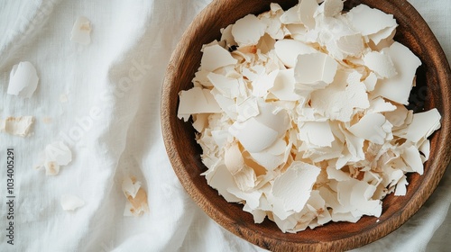 A bowl holds a collection of dried eggshell fragments, symbolizing sustainability and resourcefulness, artfully placed on a white cloth in a serene arrangement.