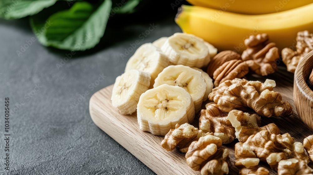 An inviting and artistic setup of sliced bananas and walnuts, providing a nutritious, health-conscious combination captured with natural lighting on a finely finished table. An inviting and artistic setup of sliced bananas and walnuts, providing a nutritious, health-conscious combination captured with natural lighting on a finely finished table.