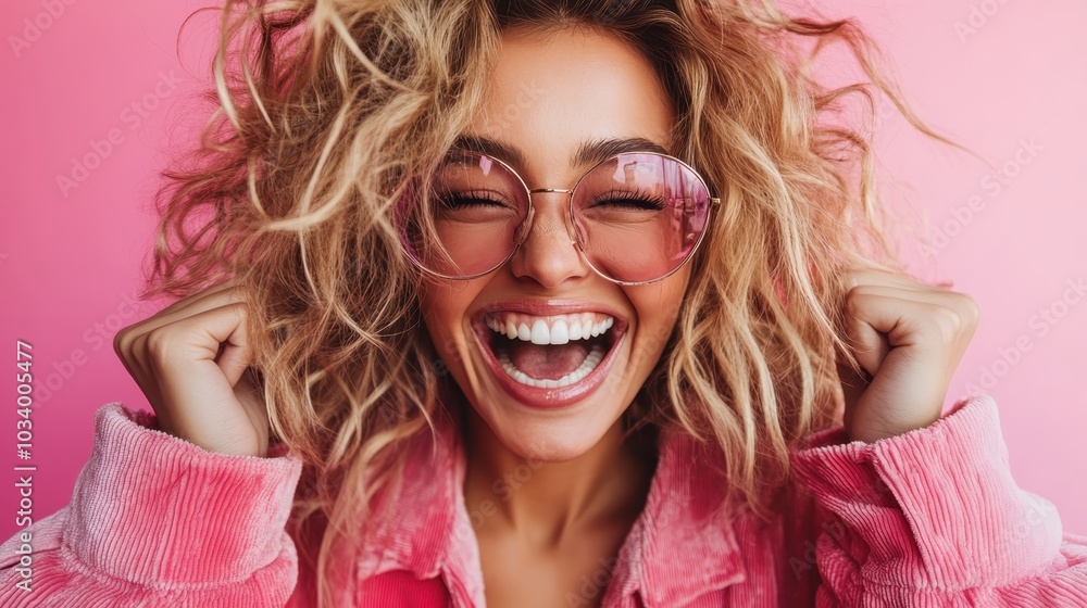 A woman with luxuriant hair, wearing pink sunglasses and coat, laughing joyfully, embodying a bold and fun-loving spirit in striking pink hues. A woman with luxuriant hair, wearing pink sunglasses and coat, laughing joyfully, embodying a bold and fun-loving spirit in striking pink hues.