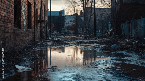 Fototapeta Naklejka Na Ścianę i Meble -  A small pool of stagnant water on a dirty city street, often used as a backdrop for gritty urban scenes or as a symbol of neglect and disrepair