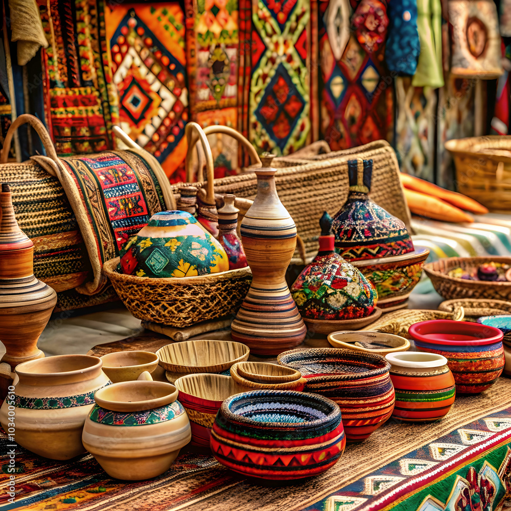 An array of handmade crafts from various cultures is beautifully displayed An array of handmade crafts from various cultures is beautifully displayed