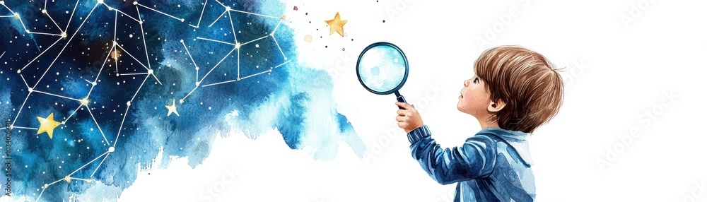 A curious child gazes at the night sky, exploring constellations with a magnifying glass, embodying wonder and imagination.