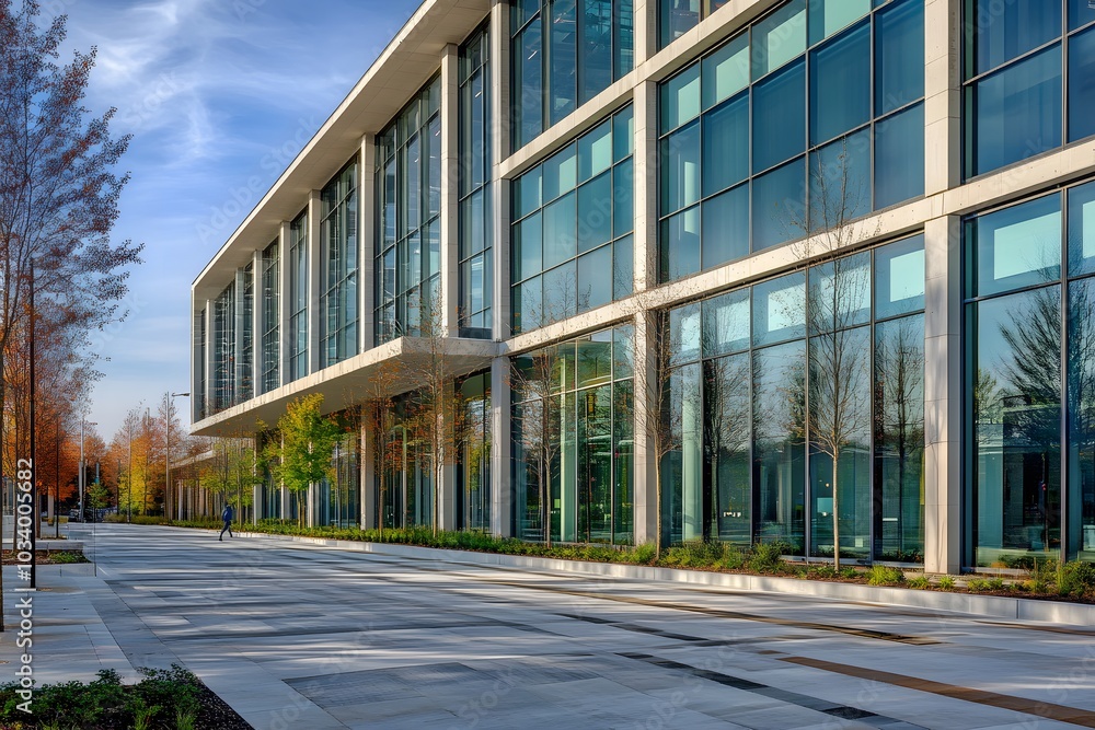 Modern Glass Building with Walkway and Autumn Trees Modern Glass Building with Walkway and Autumn Trees
