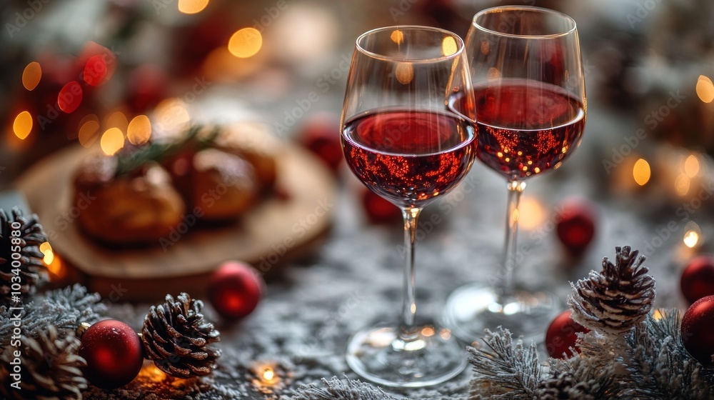 Two glasses of red wine with festive decorations and snacks. Two glasses of red wine with festive decorations and snacks.