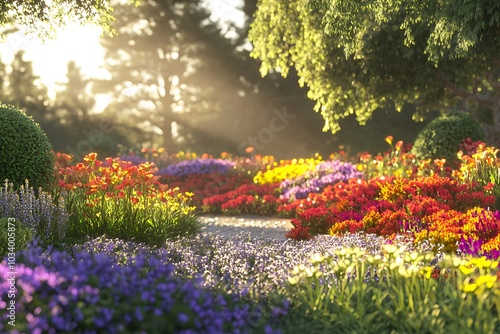 Fototapeta Naklejka Na Ścianę i Meble -  A vibrant garden filled with colorful flowers and lush greenery, illuminated by sunlight.