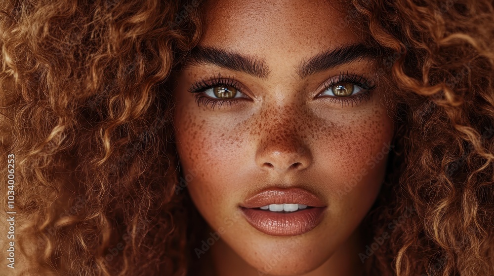 Close-up artistic portrait of freckled woman with distinctive curly hair, exuding confidence and uniqueness. The image highlights her natural beauty and poise. Close-up artistic portrait of freckled woman with distinctive curly hair, exuding confidence and uniqueness. The image highlights her natural beauty and poise.