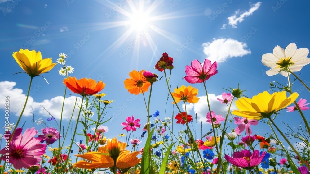 Obraz premium Bright and colorful wildflowers bloom under sunny sky, creating vibrant and cheerful atmosphere. scene captures beauty of nature with variety of flowers swaying gently in breeze