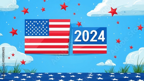 USA election vote 2024 Election 2024 banner with stars and stripes, flat design illustration photo