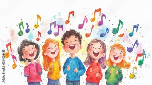 A joyful group of children singing together, surrounded by colorful musical notes, capturing the essence of happiness and creativity.