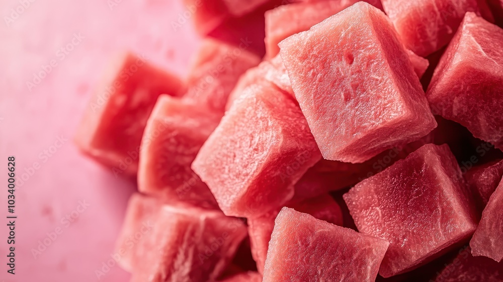 Deliciously fresh watermelon cubes are stacked on a pink surface, showcasing their vibrant red color and juicy texture, perfect for a refreshing summer treat. Deliciously fresh watermelon cubes are stacked on a pink surface, showcasing their vibrant red color and juicy texture, perfect for a refreshing summer treat.