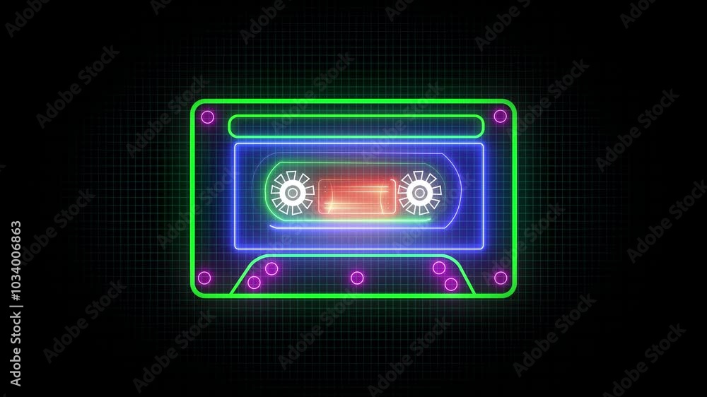 Neon cassette lights up and goes out. Cassette animation. Loop. Retro tape recorder cassettes neon sign. Back to the 90s. A vintage audio cassette spins on a blank label tape used to record sound in Neon cassette lights up and goes out. Cassette animation. Loop. Retro tape recorder cassettes neon sign. Back to the 90s. A vintage audio cassette spins on a blank label tape used to record sound in