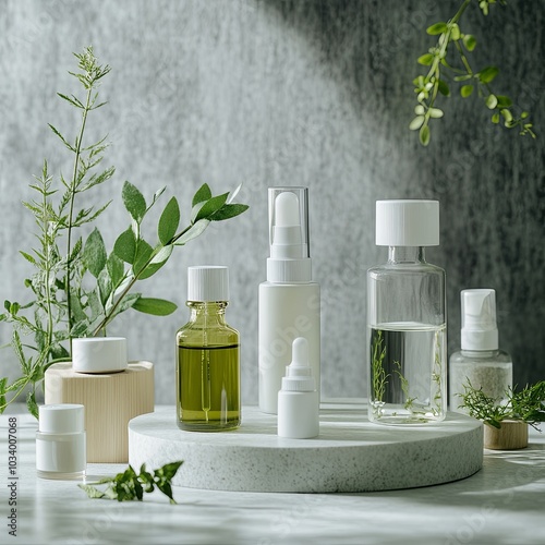 eco skin care beauty products in laboratory development concept, Natural drug research with organic plants and scientific extraction in glassware, Alternative green herb medicine for body health care photo