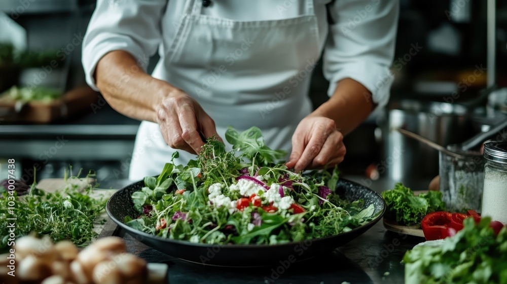 A chef's focused hands are artfully crafting a vibrant fresh salad, emphasizing the delicate balance of flavor, texture, and colorful presentation. A chef's focused hands are artfully crafting a vibrant fresh salad, emphasizing the delicate balance of flavor, texture, and colorful presentation.