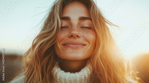 A woman with eyes closed, smiling broadly in a cozy sweater, enjoys the golden sunshine outdoors, capturing a sense of warmth and happiness in serenity.