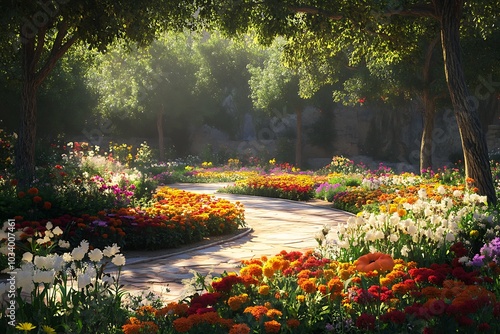 Fototapeta Naklejka Na Ścianę i Meble -  A serene garden pathway surrounded by vibrant flowers and lush greenery.