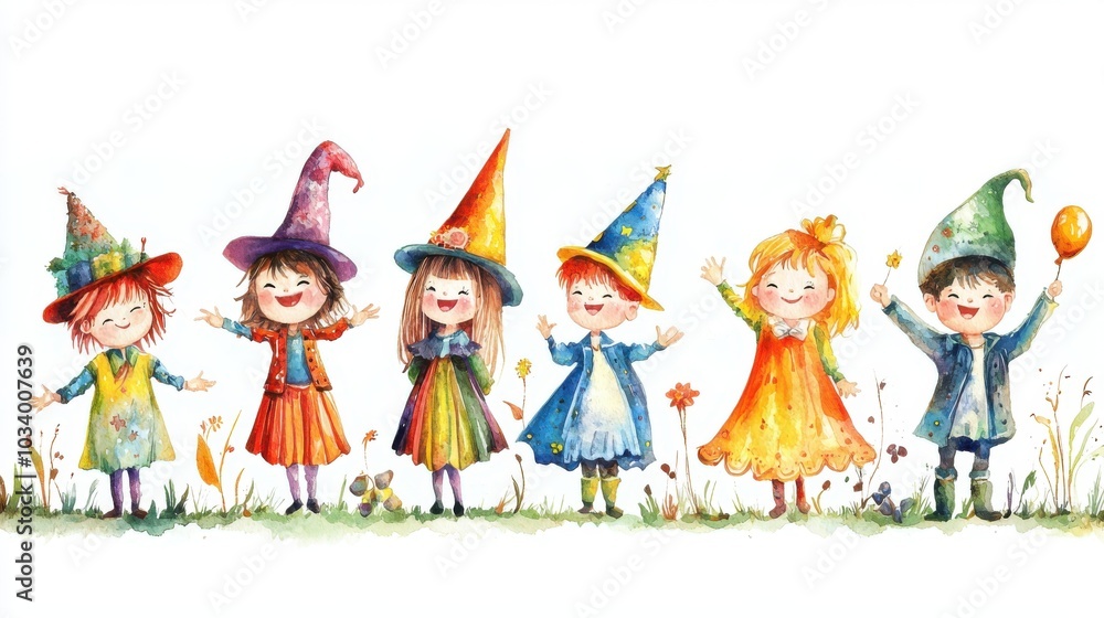 Cheerful children in colorful hats celebrate together, showcasing joy and friendship in a whimsical setting. Cheerful children in colorful hats celebrate together, showcasing joy and friendship in a whimsical setting.