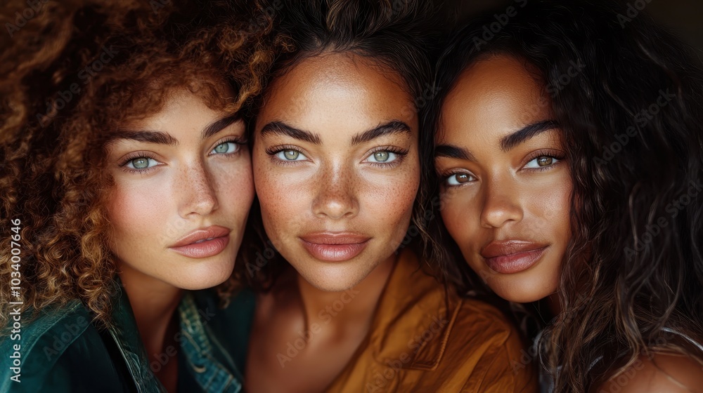 A portrait of three women with curly hair posed gracefully, emphasizing their natural beauty and strong connection with nature, captured in vivid colors. A portrait of three women with curly hair posed gracefully, emphasizing their natural beauty and strong connection with nature, captured in vivid colors.
