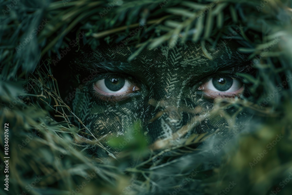 Obraz premium Close-up shot of human eyes surrounded by leaves and stems