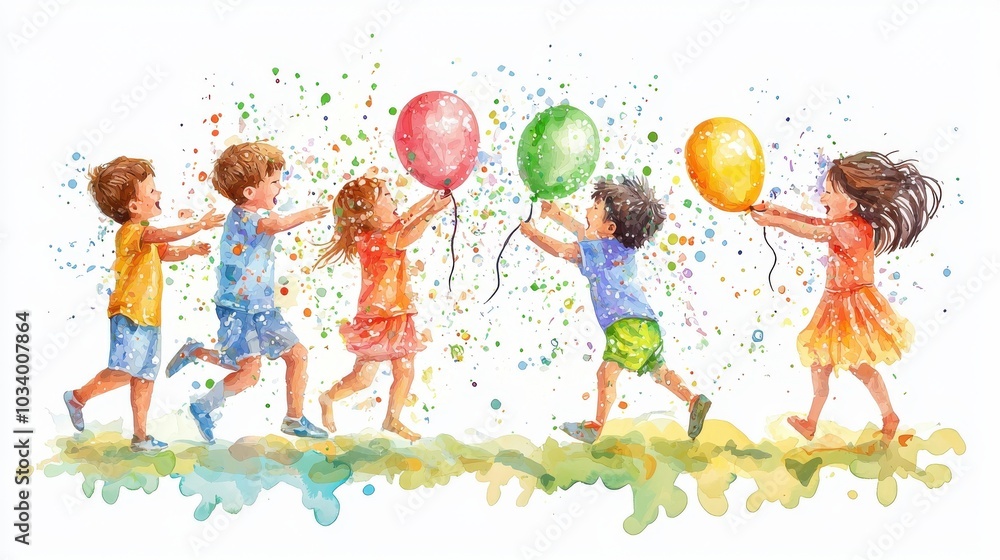 Children joyfully celebrating with colorful balloons in a playful outdoor setting, surrounded by splashes of vibrant colors. Children joyfully celebrating with colorful balloons in a playful outdoor setting, surrounded by splashes of vibrant colors.