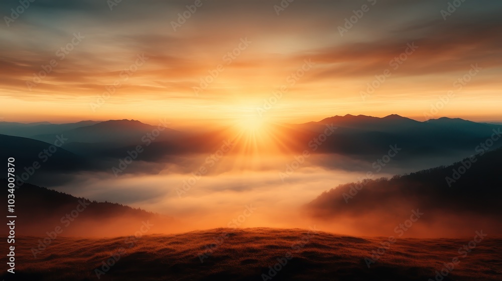 The golden hour sun graces a valley with its warm embrace, gently illuminating the scenic mist-laden hills and creating an inviting and serene atmosphere. The golden hour sun graces a valley with its warm embrace, gently illuminating the scenic mist-laden hills and creating an inviting and serene atmosphere.