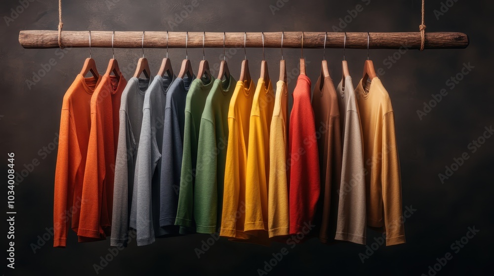 A row of vibrant sweaters, in colors ranging from warm reds to cool blues, neatly displayed on a wooden hanger, highlighting a spectrum of hues and textures. A row of vibrant sweaters, in colors ranging from warm reds to cool blues, neatly displayed on a wooden hanger, highlighting a spectrum of hues and textures.