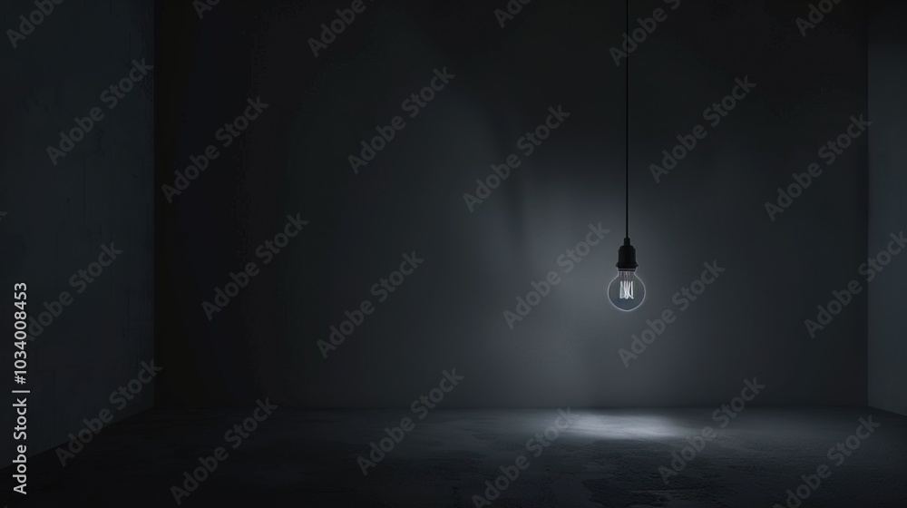 Dark empty room with single flickering light bulb casting long shadows, emphasizing absence of power and eerie atmosphere, minimalist setting with focus on light bulb's glow. Dark empty room with single flickering light bulb casting long shadows, emphasizing absence of power and eerie atmosphere, minimalist setting with focus on light bulb's glow.