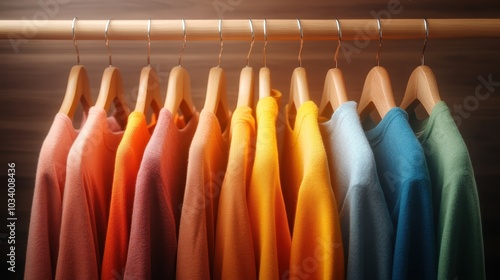 A range of colorful shirts in varying warm tones, like red, orange, and yellow, lined up on wooden hangers under glowing warm lights, presenting a lively wardrobe. photo