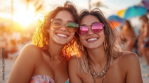 Two women in sunglasses enjoying a joyful day at the beach, capturing a warm, carefree and happy summer moment with sunlight in the background. photo