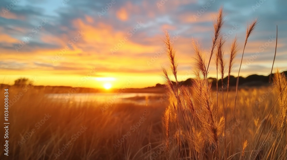A breathtaking golden sunset casts warm light over a grassy field, with vivid orange clouds creating a stunning and peaceful evening landscape view. A breathtaking golden sunset casts warm light over a grassy field, with vivid orange clouds creating a stunning and peaceful evening landscape view.